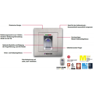 BioKey Gate New Line Fingerprint Premium, Metall wei, Aufputz-Version, 2 Relais